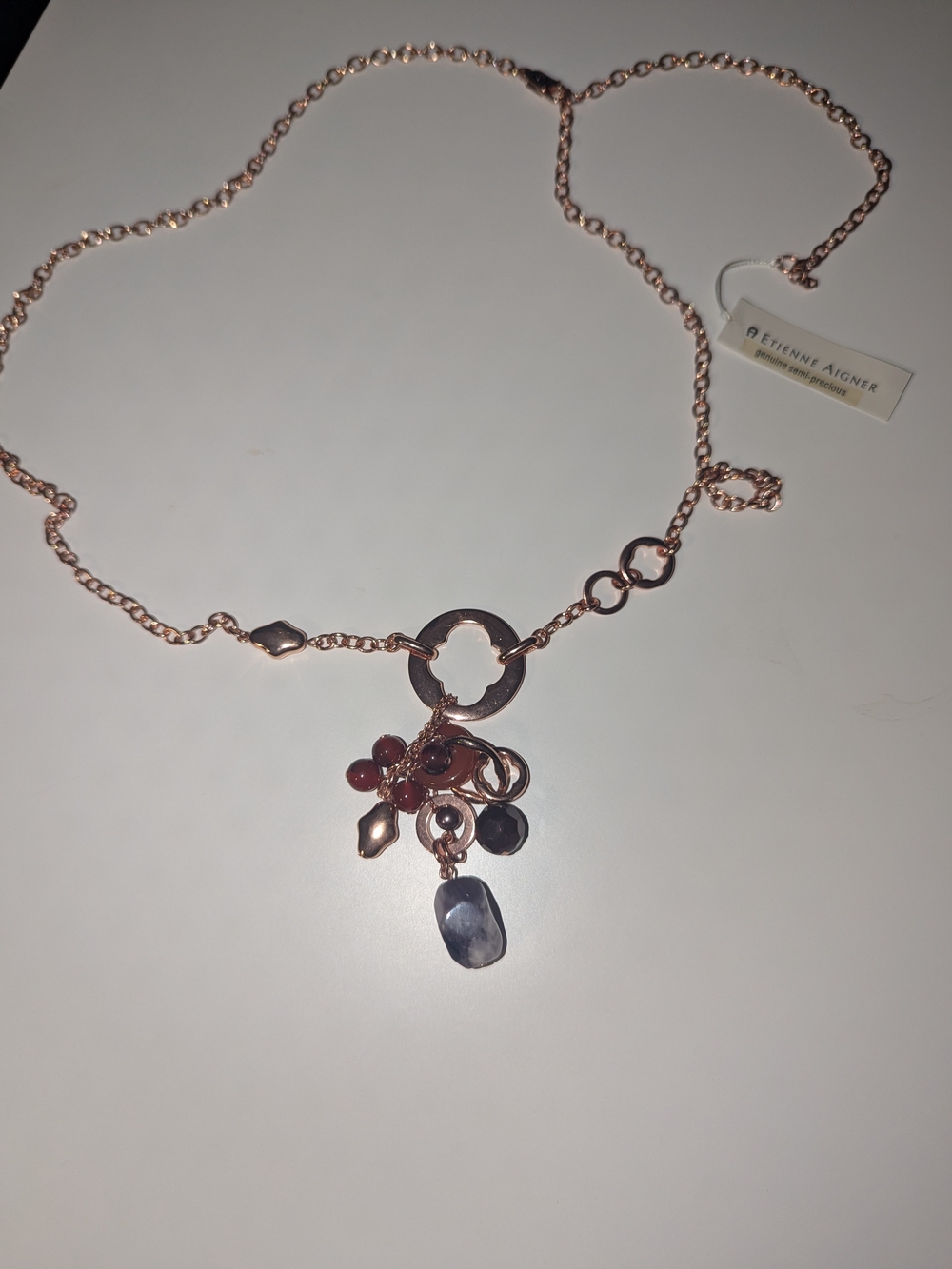 Etienne Aigner Vintage Rose Gold Tone Charm Cluster Necklace with Pink Accents